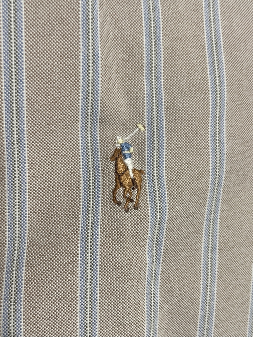 Polo by Ralph Lauren Tan and Blue Striped Dress Shirt with Pony Logo